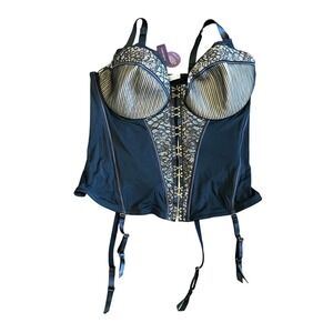 Cacique Women's Corset Sz‎ 42DDD Veiled Lace Hook & Eye Black Underwire Sexy NWT